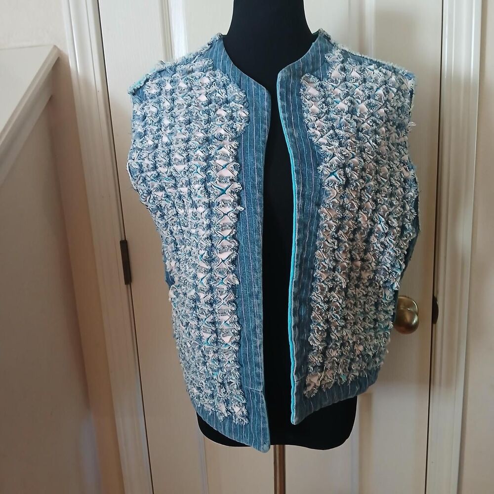 Unique Handmade Slashed Vintage Denim Pinstripe Asymmetrical Vest Upcycled Artsy